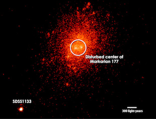 Using the Keck II telescope in Hawaii, researchers obtained high-resolution images of Markarian 177 and SDSS1133 using a near-infrared filter. Twin bright spots in the galaxy's central region are consistent with recent star formation, a disturbance that hints this galaxy may have merged with another. Credit: W. M. Keck Observatory/M. Koss (ETH Zurich) et al.