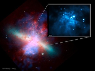 This image of the galaxy Messier 82 is a composite of data from the Chandra X-Ray Observatory, the Hubble Space Telescope and the Spitzer Space Telescope. The intermediate-mass black hole M82 X-1 is the brightest object in the inset, at approximately 2 o’clock near the galaxy’s center. Credit: NASA/H. Feng et al.