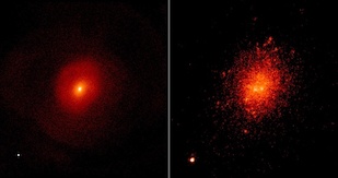 A simulation of two colliding galaxies (left) shows how their coalescing supermassive black holes can launch the resulting larger black hole (dot, lower left) on a wide orbit. Right: Compare the simulation with this Keck II near-infrared image of Markarian 177 and SDSS1133 (lower left). Credit: Simulation, L. Blecha (UMD); image, W. M. Keck Observatory/M. Koss (ETH Zurich) et al.